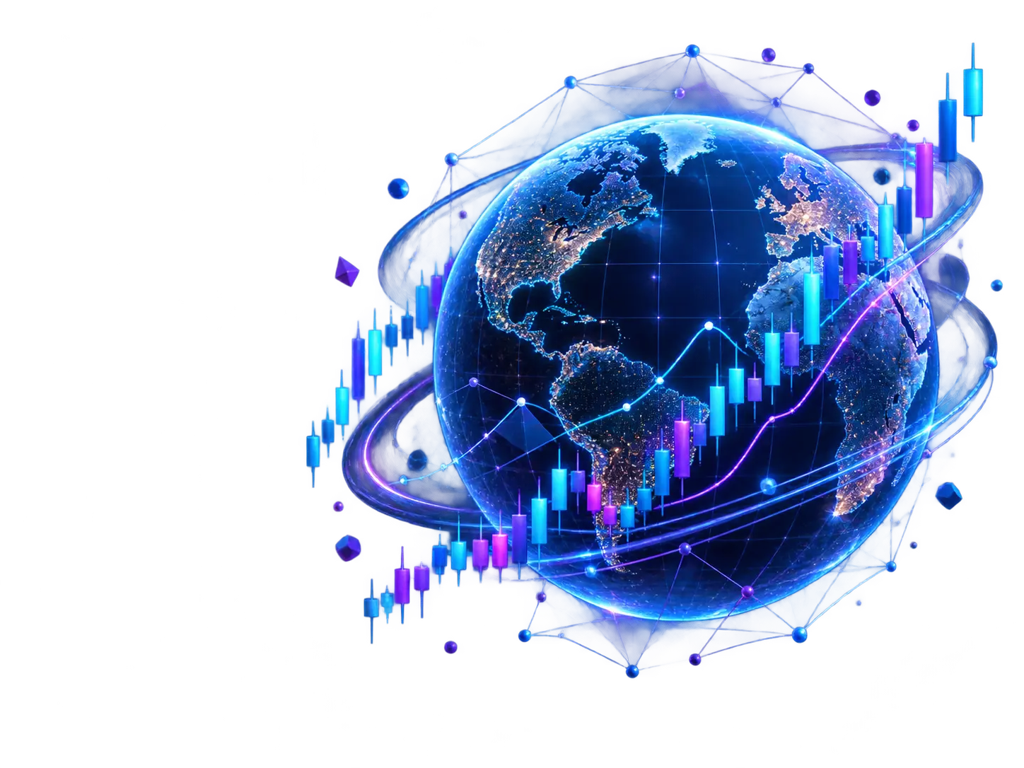 Futuristic globe with market charts representing global binary trading